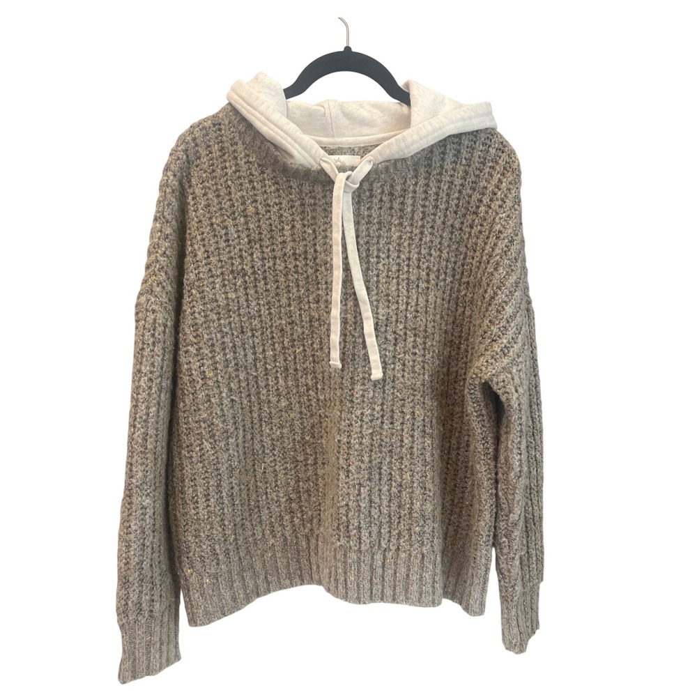 Offline by Aerie Womens Waffle Knit Sweater Hoodie Marled Brown Gray Small